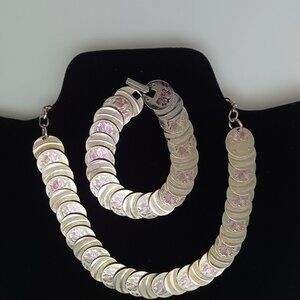 Silver Tone Disc Necklace and Bracelet With a Pink Floral Design Chunky